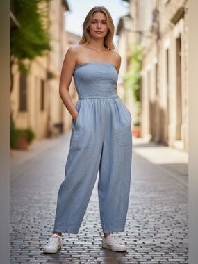 NWT Strapless Smocked Linen-Blend Jumpsuit with Barrel cut leg Sz Large